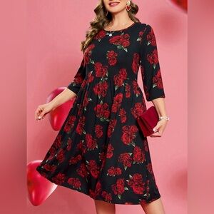 EMERY ROSE Floral Print Plus Size Round Neck Dress